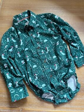 Green Christmas Dino Print Button-Up Baby Romper